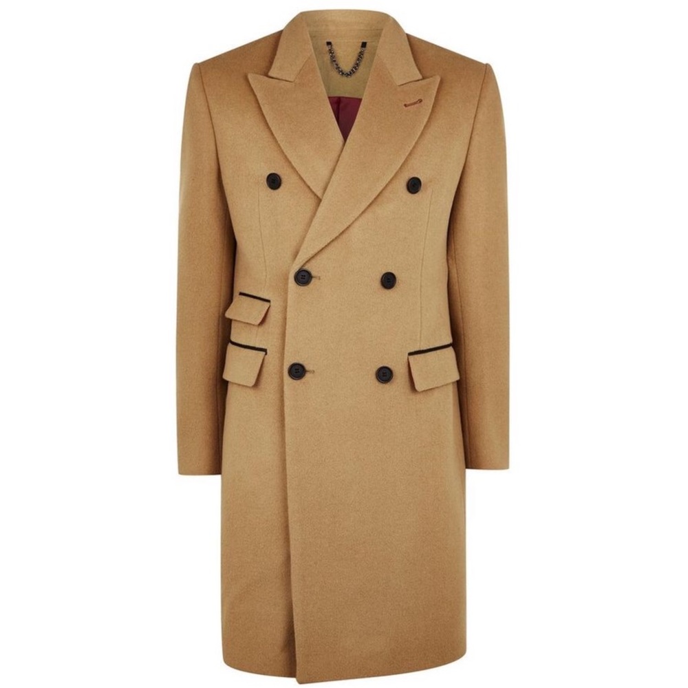 Topman Camel Wool Blend Double Breasted Overcoat